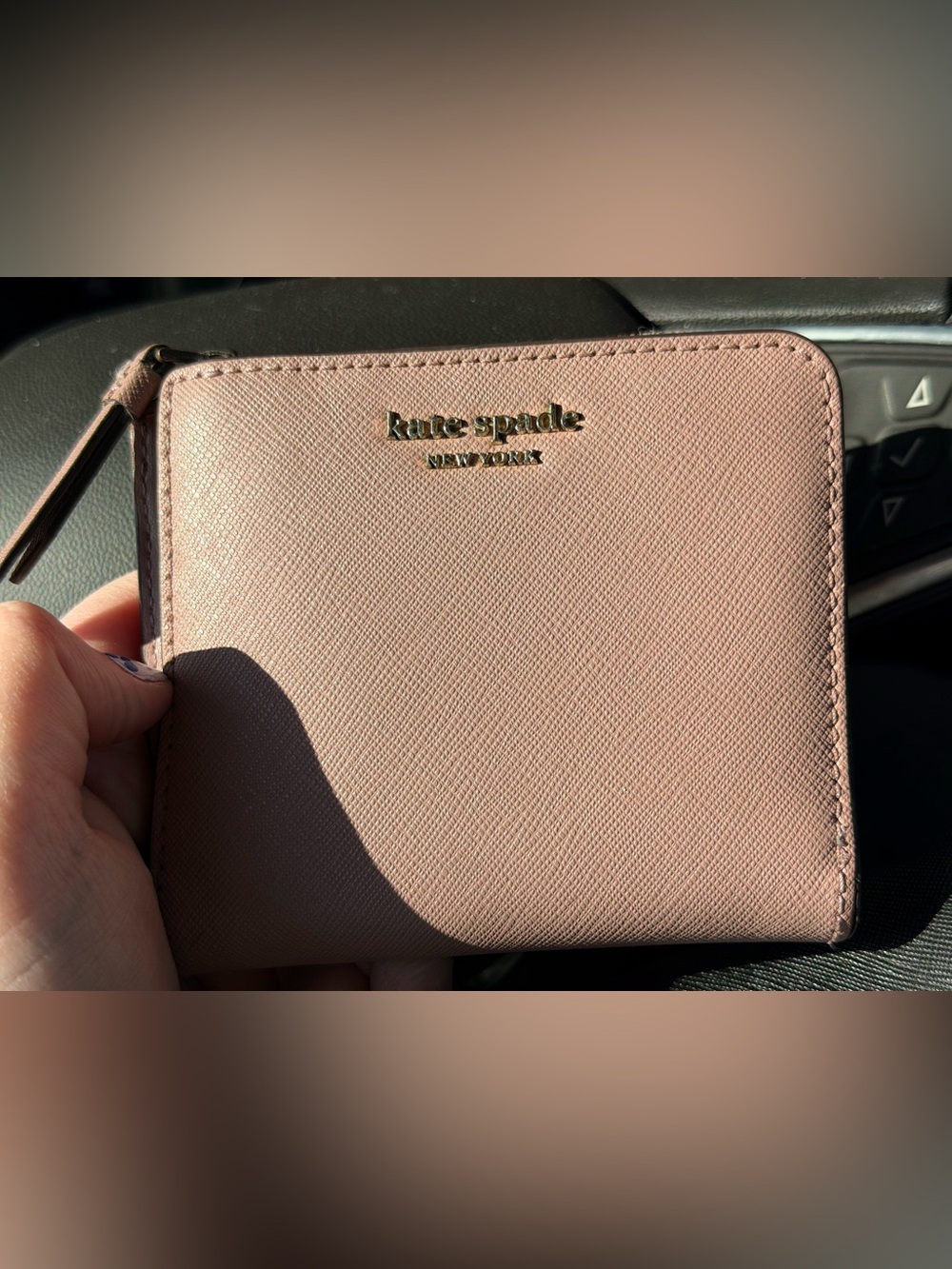 kate spade New York Pink Saffiano Leather Zip Wallet with Gold Logo